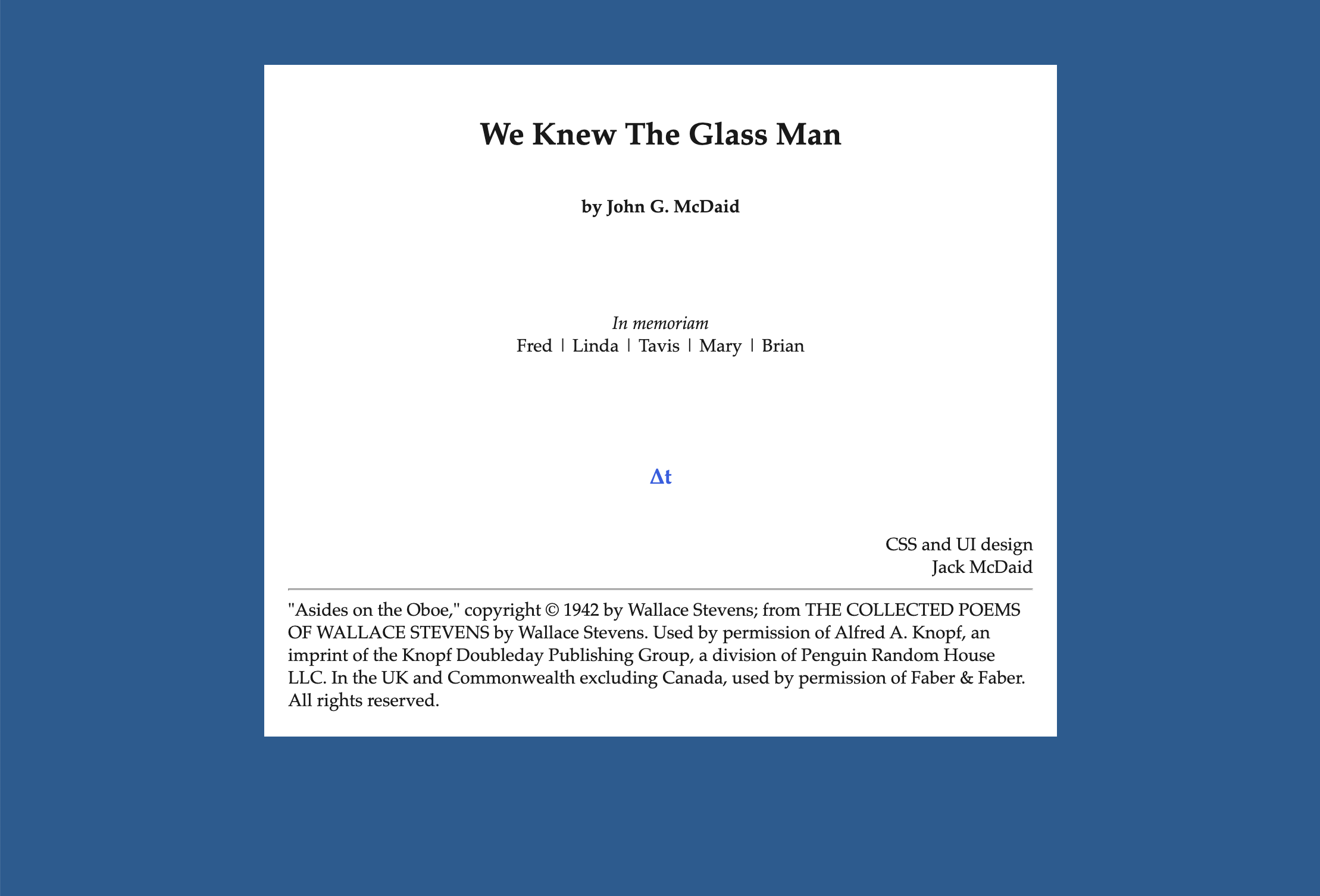 Screenshot of title page of We Knew The Glass Man